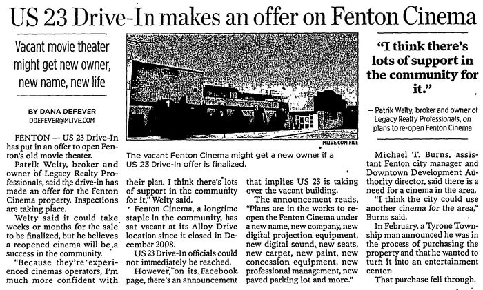 Fenton Cinema - 2012 ARTICLE ON US-23 OFFER